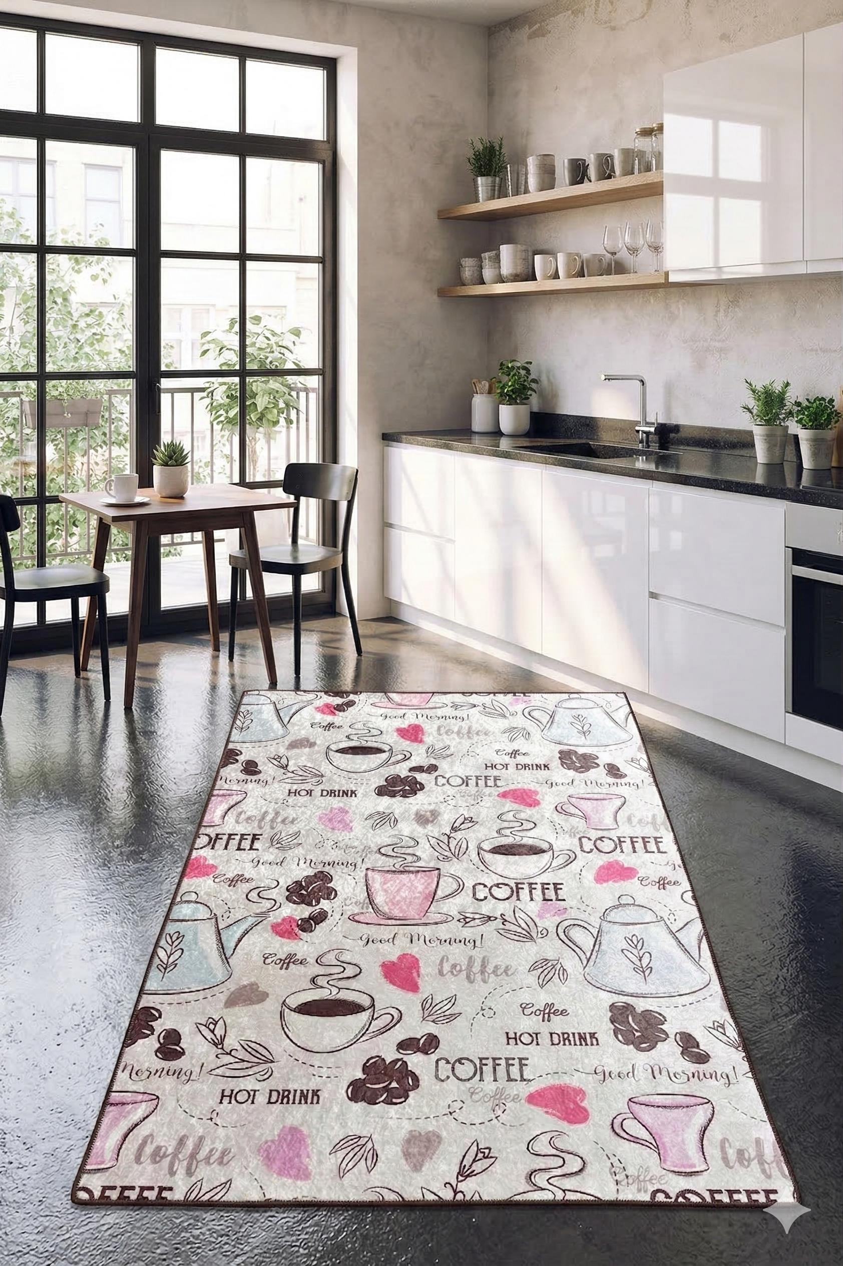 Whimsical Coffee Runner Rug – Illustrated Mugs, Teapots, Hearts Kitchen Decor