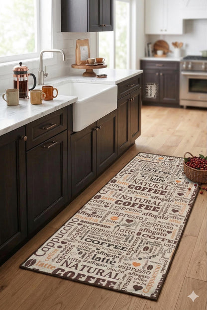 Coffee Typography Kitchen Mat – Washable Espresso Latte Art Runner Rug
