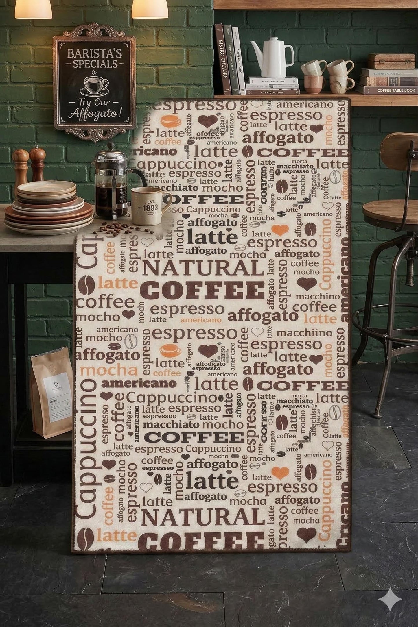 Coffee Typography Kitchen Mat – Washable Espresso Latte Art Runner Rug