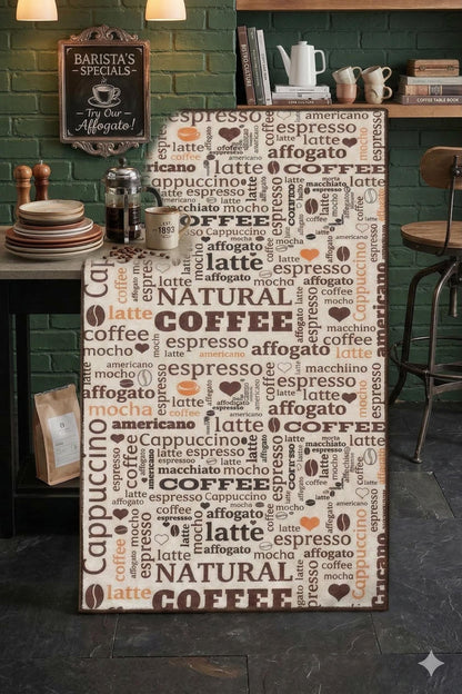 Coffee Typography Kitchen Mat – Washable Espresso Latte Art Runner Rug