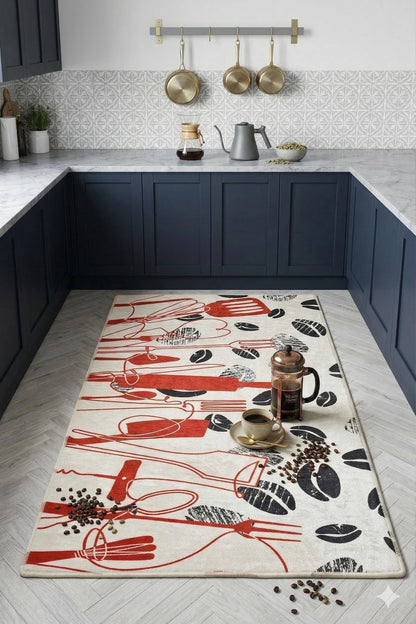 Modern Kitchen Rug | Red Black Utensil Coffee Bean Print, Non-Slip Mat