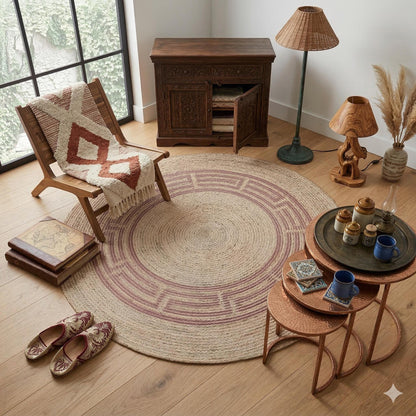 Bohemian Jute Circle Rug: Washable Outdoor Carpet