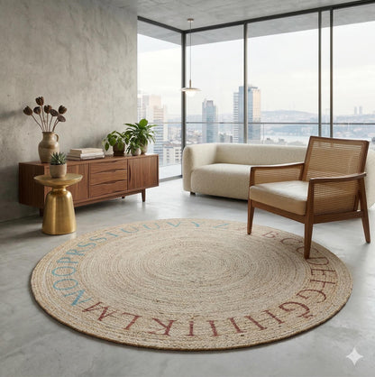 Round Beige Jute Rug: Bohemian Home Decor, Indoor/Outdoor Carpet