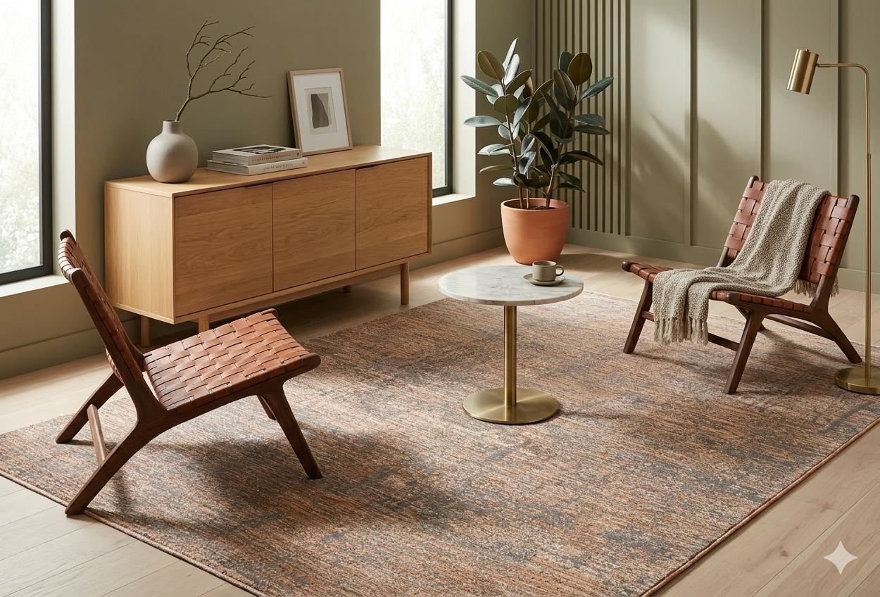 Distressed Abstract Area Rug – Earth Tone Carpet, Industrial Living Room Decor