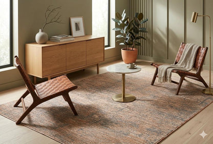 Distressed Abstract Area Rug – Earth Tone Carpet, Industrial Living Room Decor