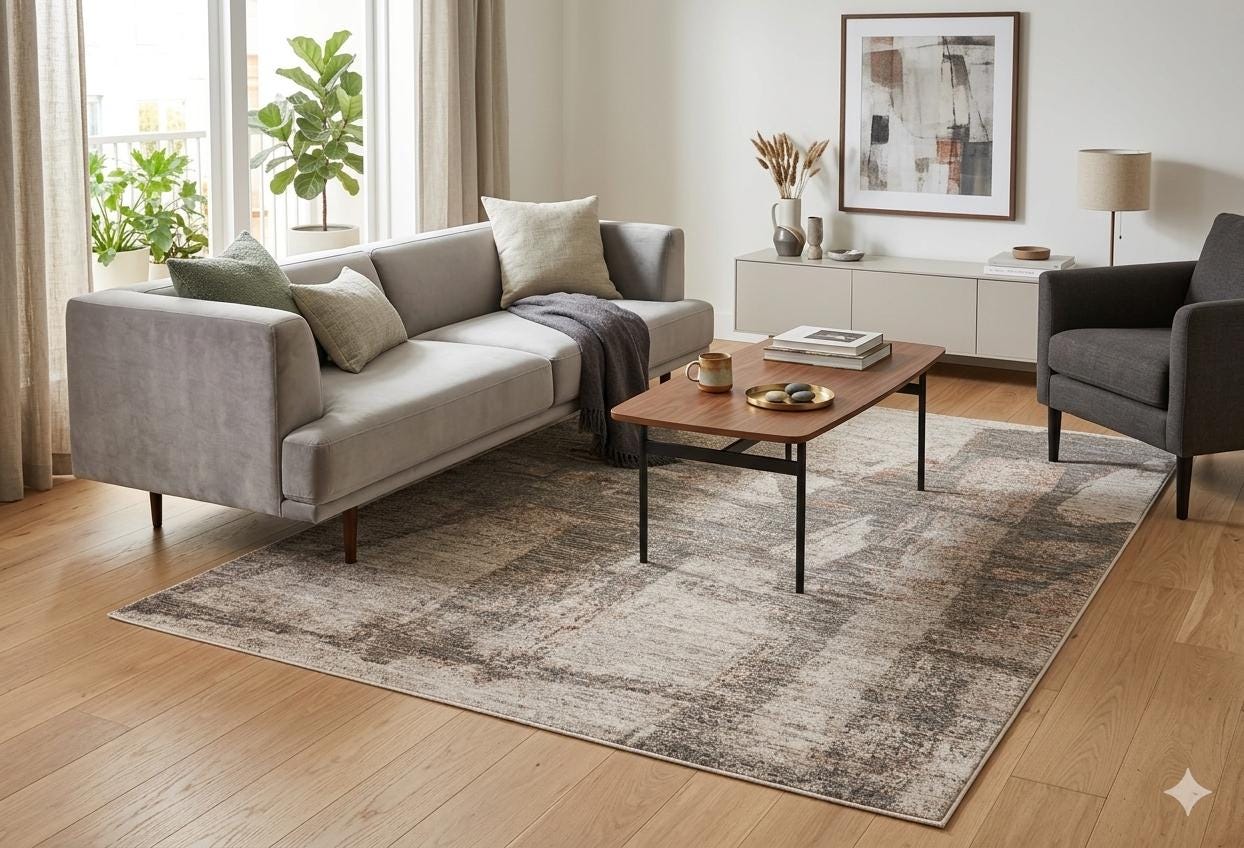 Modern Abstract Area Rug – Distressed Beige, Grey, Terracotta Industrial Carpet