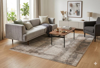 Modern Abstract Area Rug – Distressed Beige, Grey, Terracotta Industrial Carpet