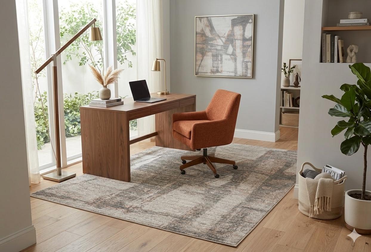Modern Abstract Area Rug – Distressed Beige, Grey, Terracotta Industrial Carpet