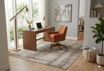 Modern Abstract Area Rug – Distressed Beige, Grey, Terracotta Industrial Carpet