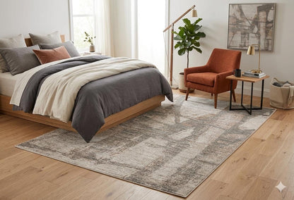Modern Abstract Area Rug – Distressed Beige, Grey, Terracotta Industrial Carpet