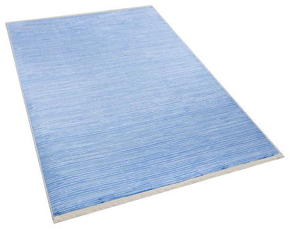 Plain Blue Ribbed Area Rug –Low Pile Carpet (Boho Living Room)