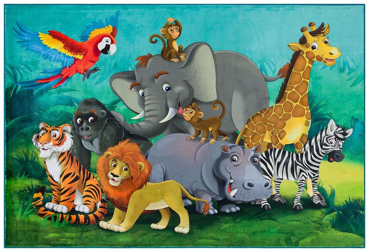 Safari Animals Playroom Rug – Jungle Nursery Decor, Lion, Elephant, Giraffe Carpet