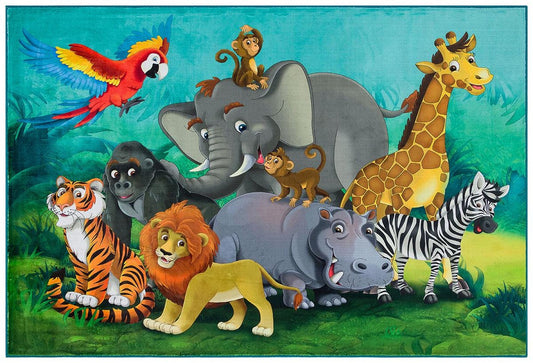 Safari Animals Playroom Rug – Jungle Nursery Decor, Lion, Elephant, Giraffe Carpet