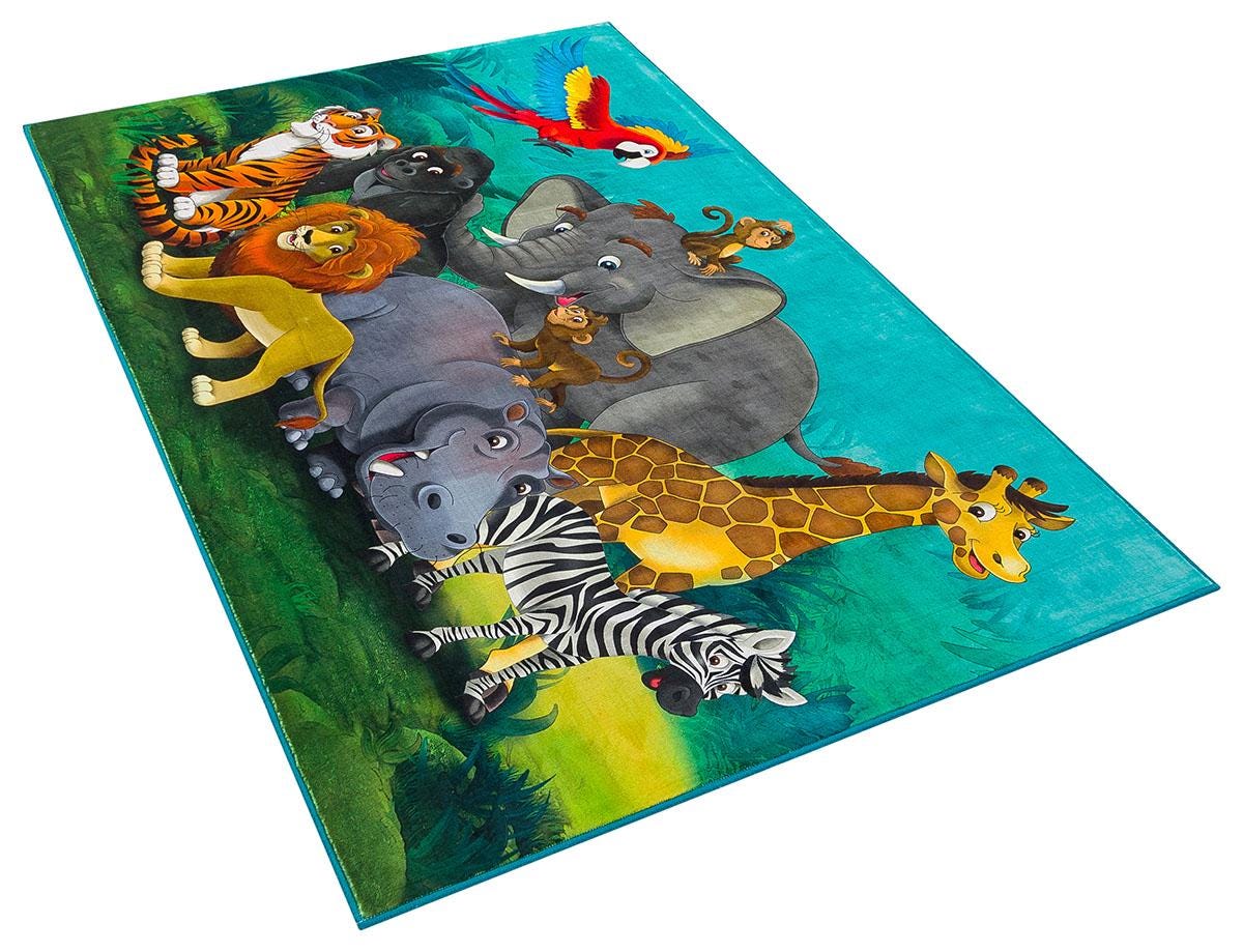 Safari Animals Playroom Rug – Jungle Nursery Decor, Lion, Elephant, Giraffe Carpet