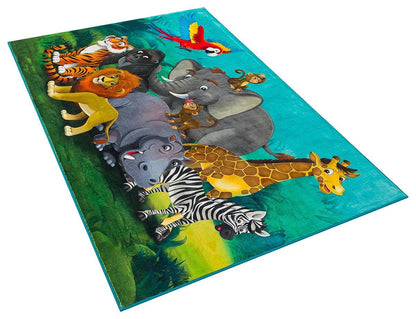 Safari Animals Playroom Rug – Jungle Nursery Decor, Lion, Elephant, Giraffe Carpet