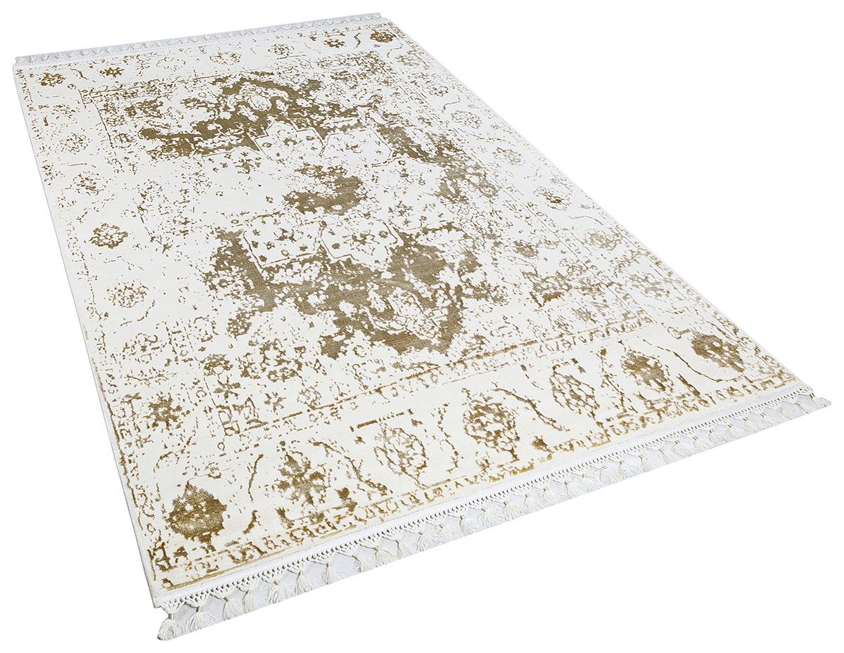 3x5 ft, Turkish Bamboo Silk Runner Rug, Gold Medallion, Hand-Knotted Fringes