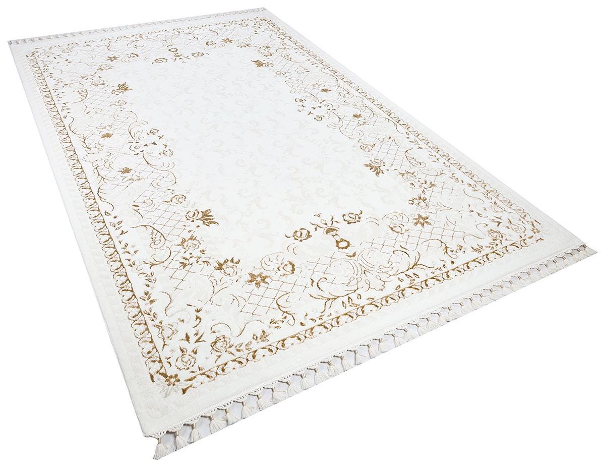 3x5 ft, Turkish Bamboo Silk Runner Rug, Gold Medallion, Hand-Knotted Fringes