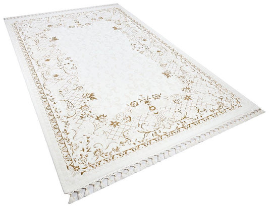 3x5 ft, Turkish Bamboo Silk Runner Rug, Gold Medallion, Hand-Knotted Fringes