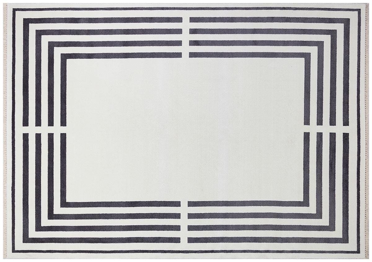 3x5 ft, Modern Ivory Bamboo Silk Rug with Gray Border and Fringes