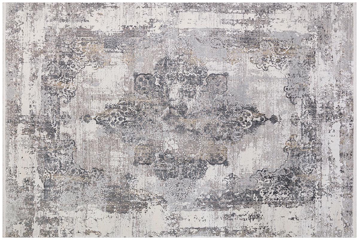 4x6 ft, Modern Distressed Vintage Medallion Rug – Faded Charcoal & Cream Bamboo Silk Style