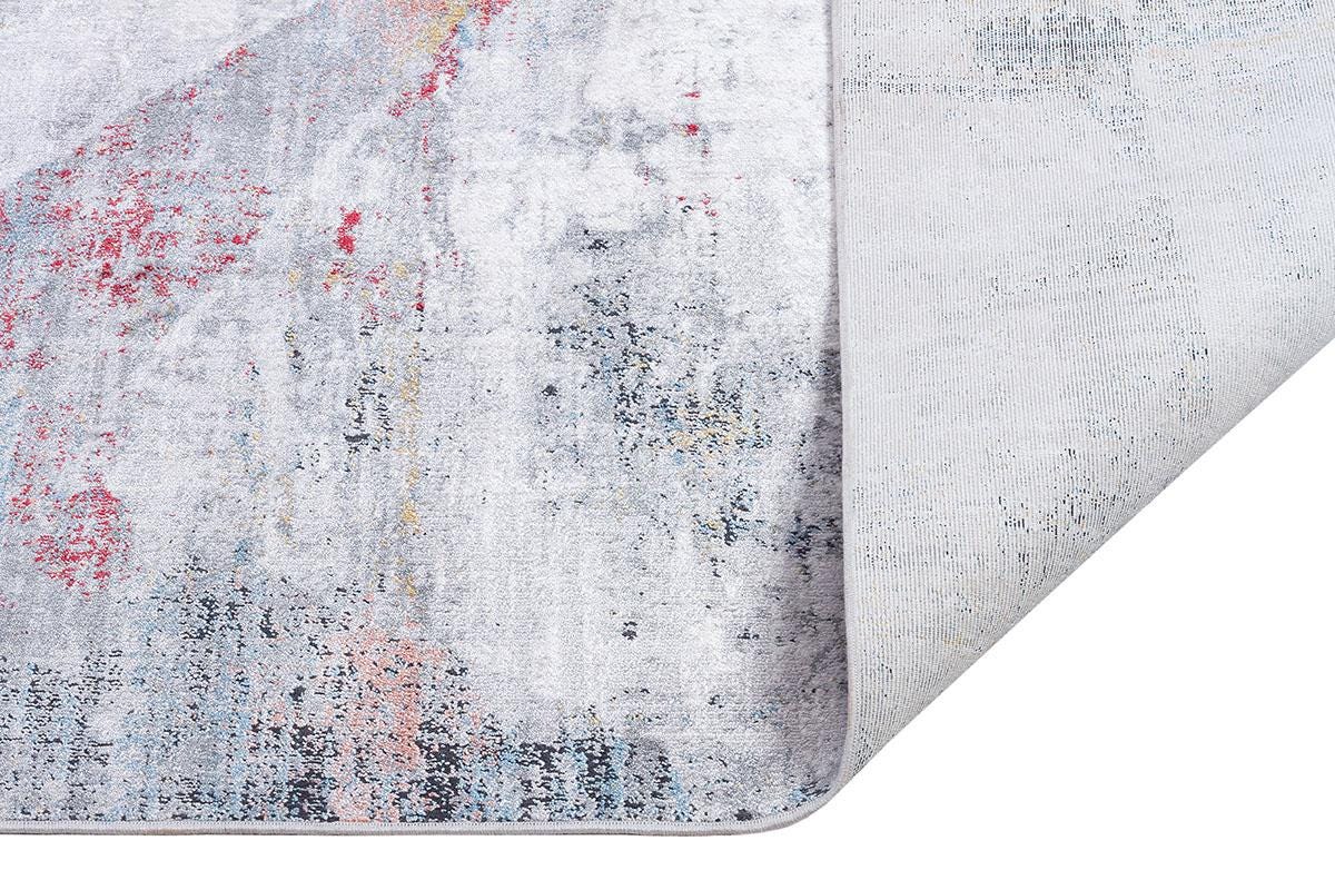 4x6 ft, Modern Abstract Geometric Bamboo Silk Rug – Prismatic Grey, Blue, and Crimson