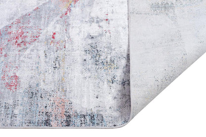 4x6 ft, Modern Abstract Geometric Bamboo Silk Rug – Prismatic Grey, Blue, and Crimson