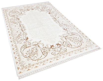 4x6 ft, Cream Gold Bamboo Silk Area Rug, Traditional Floral Medallion, Tassels