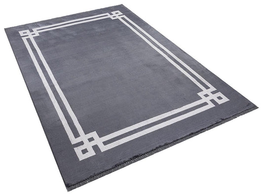 5x7 ft, Modern Charcoal Grey Bamboo Silk Rug – Elegant Greek Key Border Design
