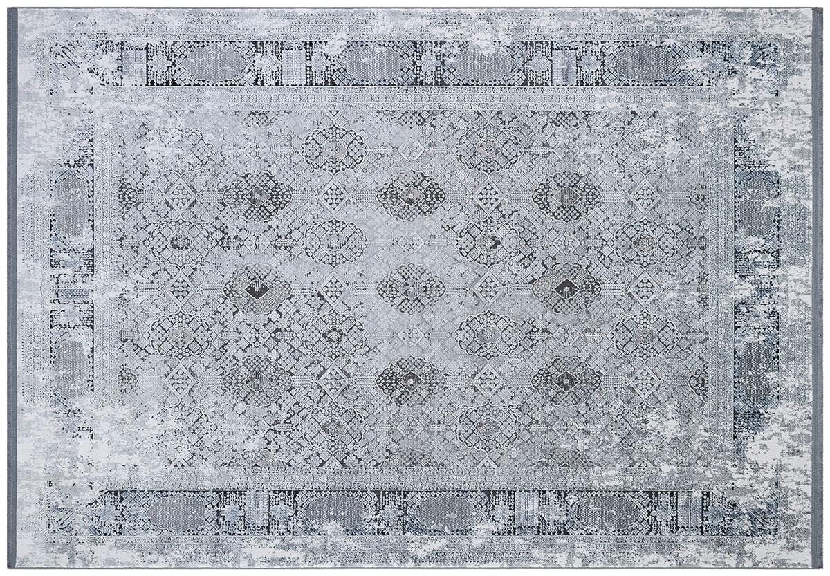 5x7 ft, Vintage-Inspired Distressed Bamboo Silk Rug – Faded Medallion Pattern in Slate and Silver