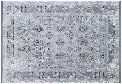 5x7 ft, Vintage-Inspired Distressed Bamboo Silk Rug – Faded Medallion Pattern in Slate and Silver