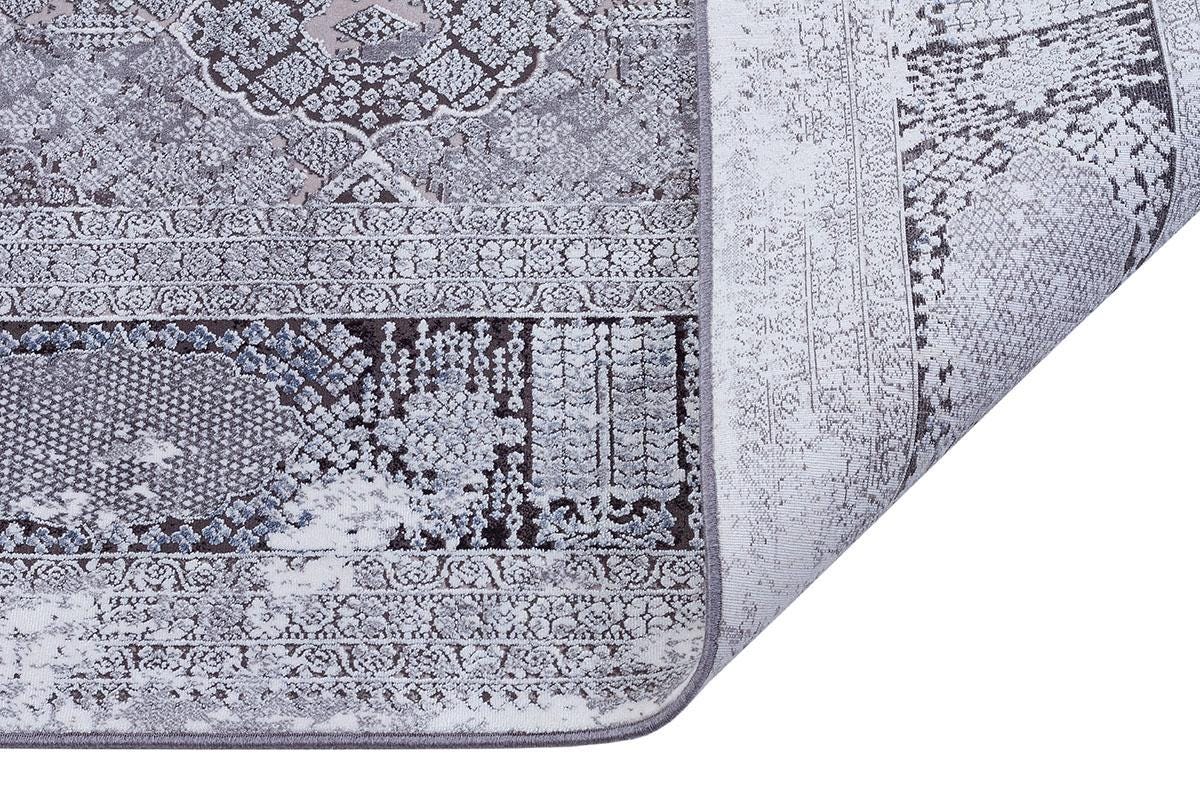 5x7 ft, Vintage-Inspired Distressed Bamboo Silk Rug – Faded Medallion Pattern in Slate and Silver