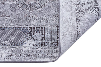 5x7 ft, Vintage-Inspired Distressed Bamboo Silk Rug – Faded Medallion Pattern in Slate and Silver