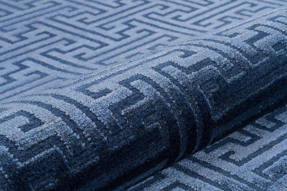 5x7 ft, Modern Geometric Greek Key Bamboo Viscose Rug in Slate Blue