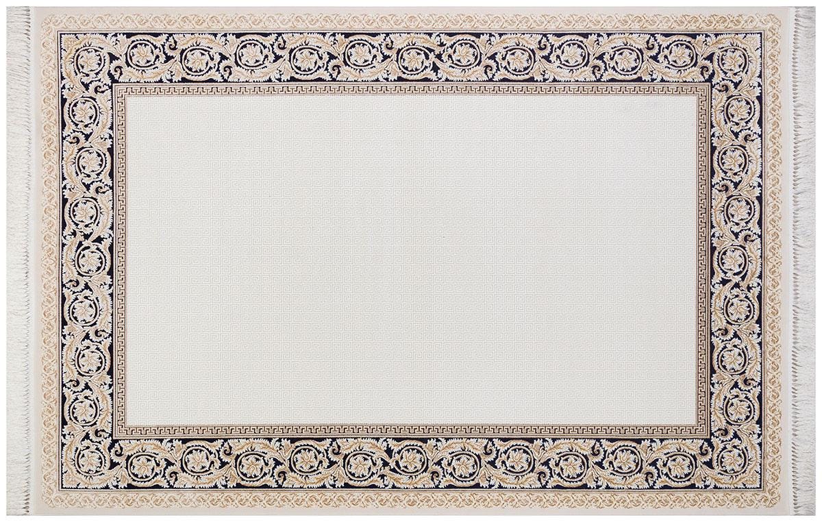 5x7 ft, Cream Navy Blue Bamboo Silk Area Rug, Classical Greek Key Floral Border