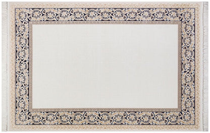 5x7 ft, Cream Navy Blue Bamboo Silk Area Rug, Classical Greek Key Floral Border