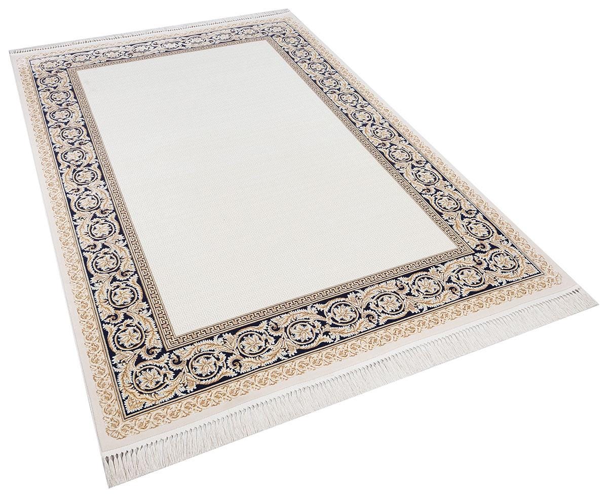 5x7 ft, Cream Navy Blue Bamboo Silk Area Rug, Classical Greek Key Floral Border