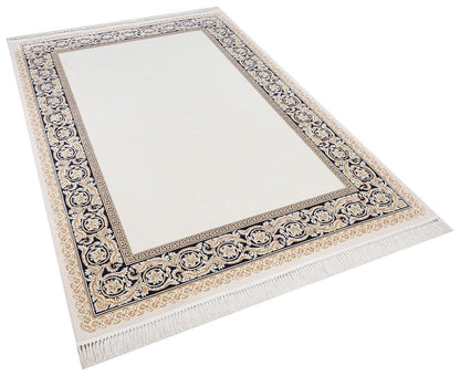 5x7 ft, Cream Navy Blue Bamboo Silk Area Rug, Classical Greek Key Floral Border