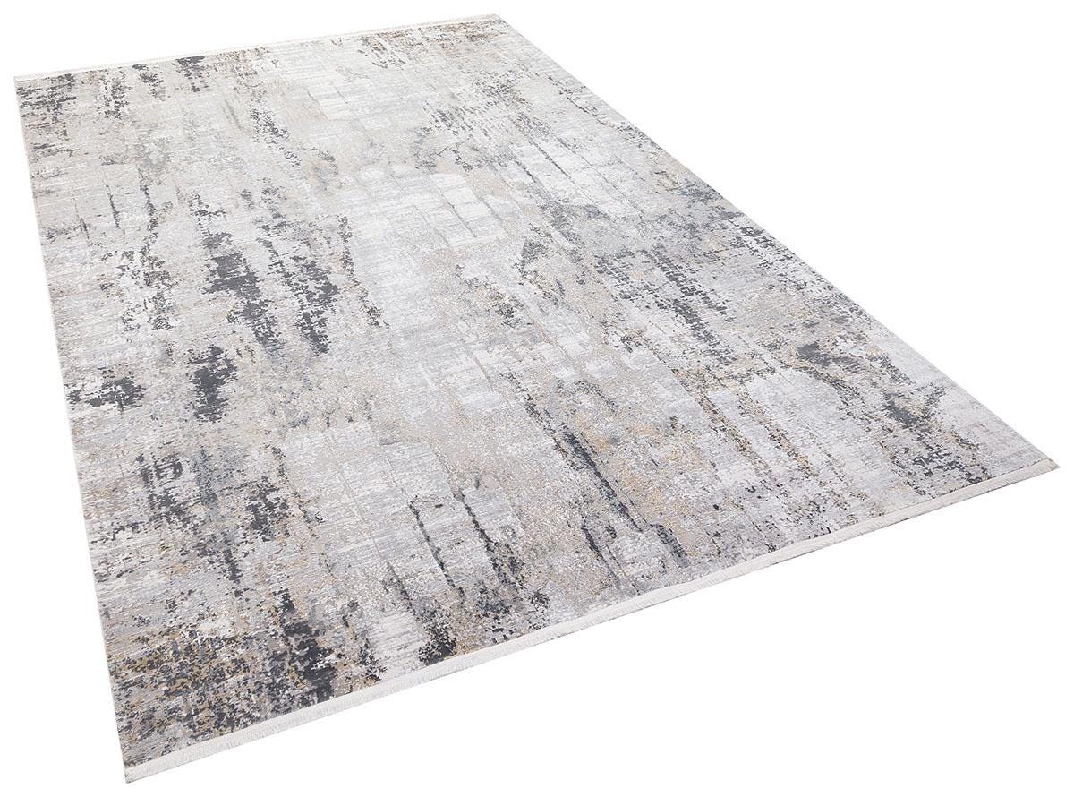 7x10 ft, Modern Abstract Bamboo Silk Rug - Grey & Gold Distressed Style
