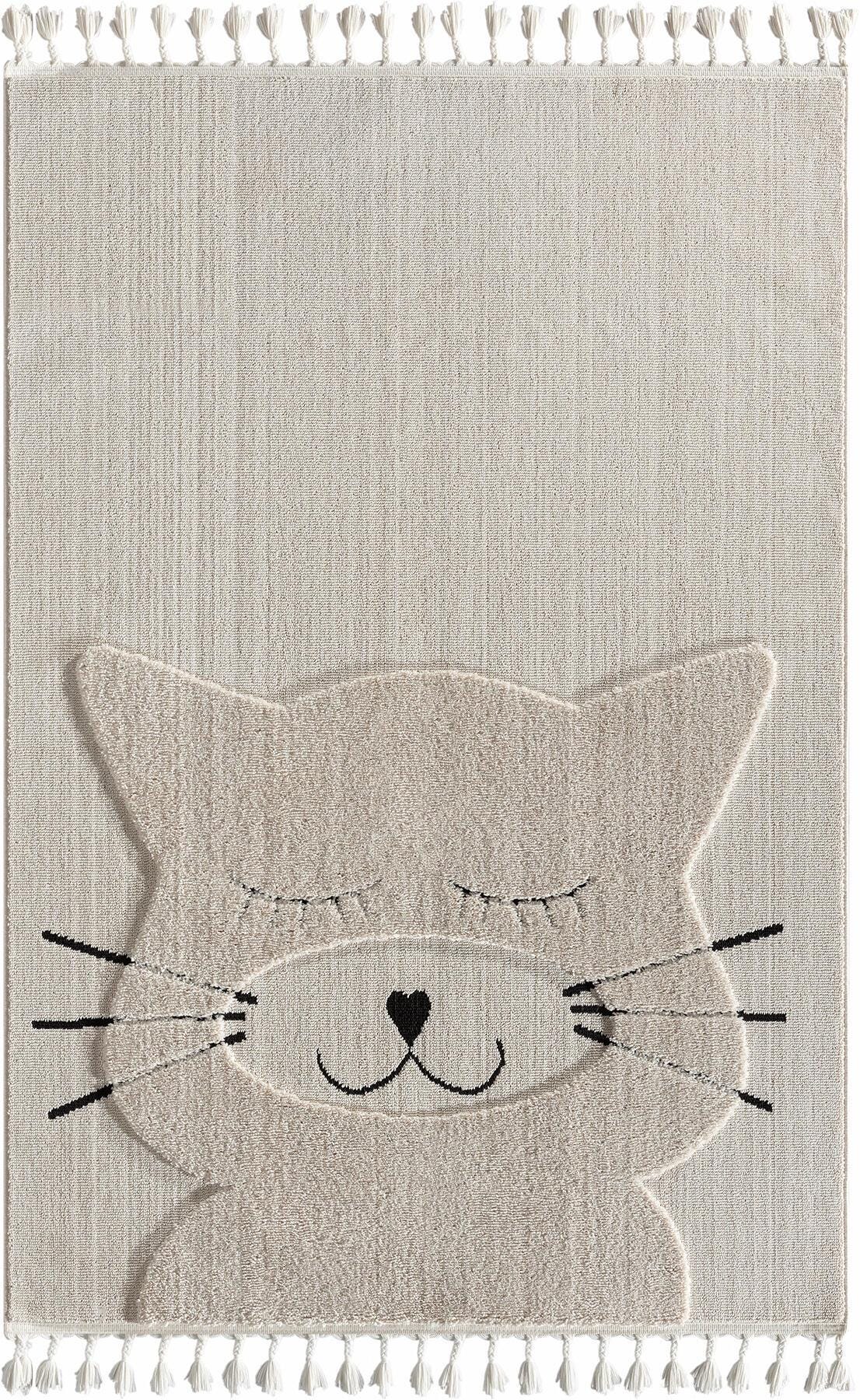 3D Tufted Cat Face Rug – Neutral Boho Nursery Playroom Decor with Tassels