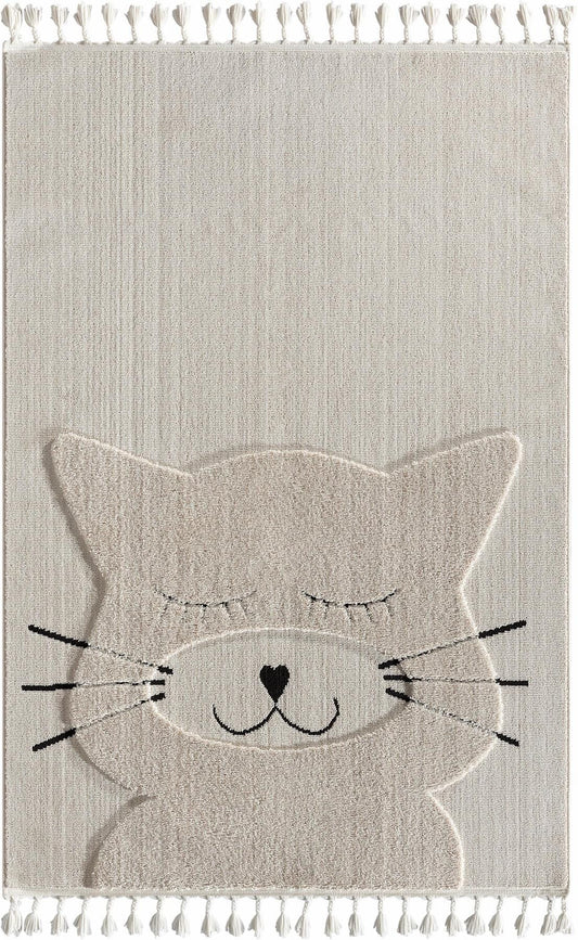 3D Tufted Cat Face Rug – Neutral Boho Nursery Playroom Decor with Tassels