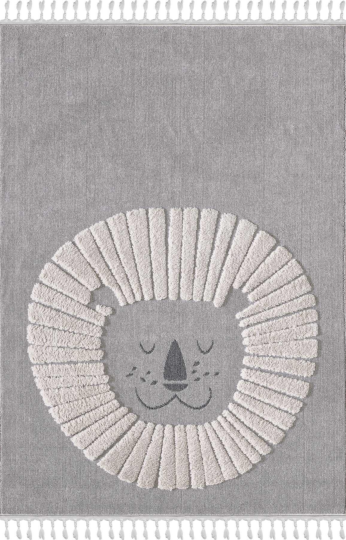 Minimalist Lion Nursery Rug – Gray Tasseled Play Mat, Boho Safari Decor