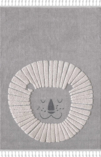 Minimalist Lion Nursery Rug – Gray Tasseled Play Mat, Boho Safari Decor