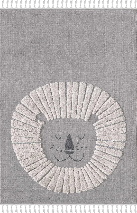 Minimalist Lion Nursery Rug – Gray Tasseled Play Mat, Boho Safari Decor
