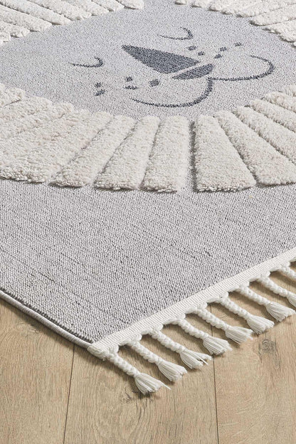 Minimalist Lion Nursery Rug – Gray Tasseled Play Mat, Boho Safari Decor