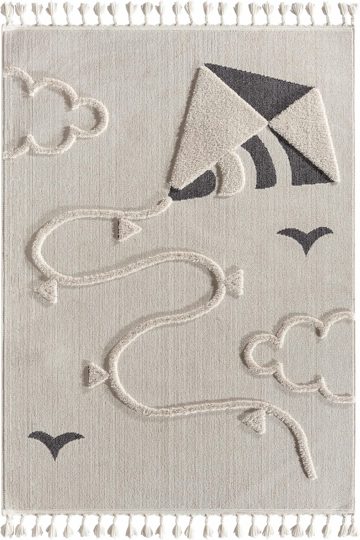 Kite Clouds Nursery Rug – Boho Tassels Playroom Area Carpet