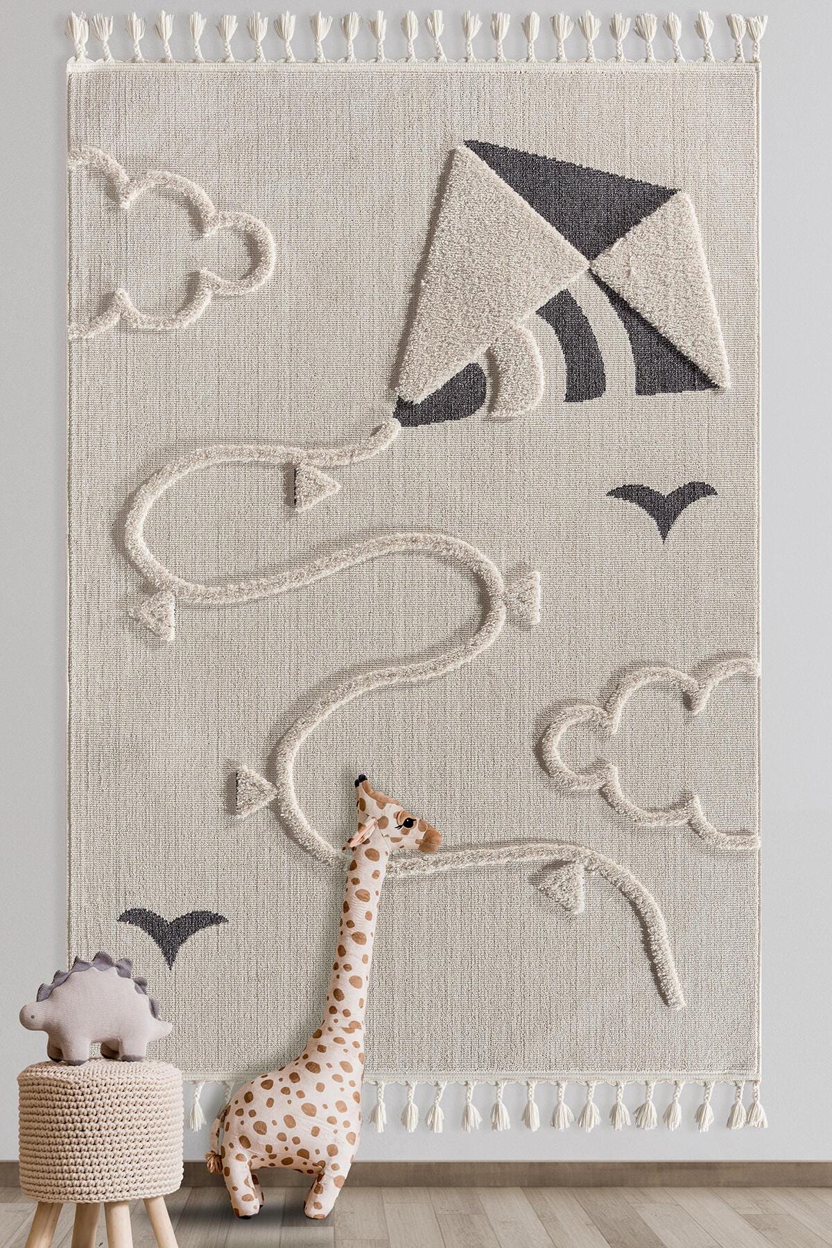 Kite Clouds Nursery Rug – Boho Tassels Playroom Area Carpet