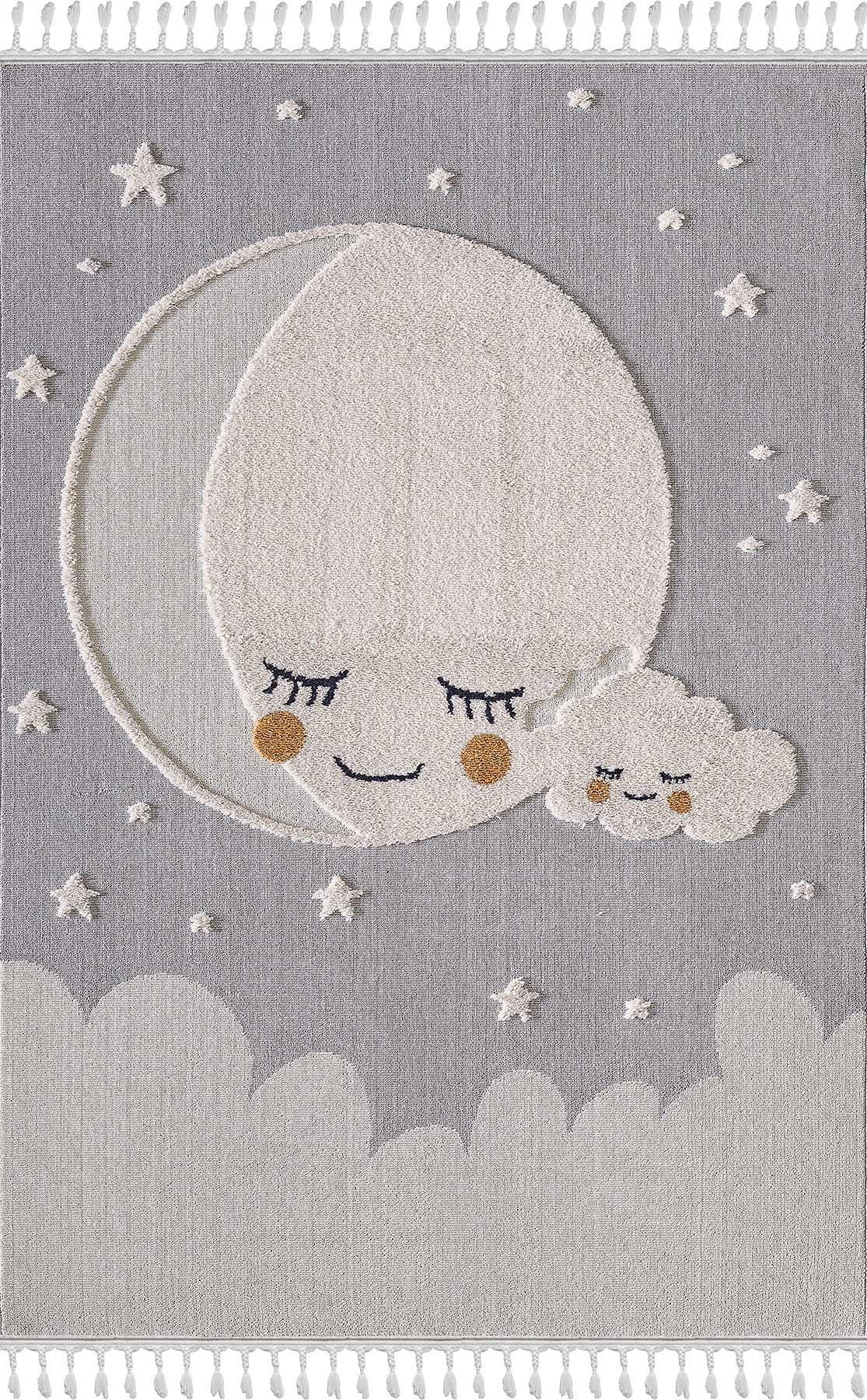 Celestial Moon Stars Nursery Rug | Boho Gray Cloud Playroom Area Carpet