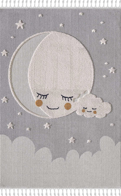 Celestial Moon Stars Nursery Rug | Boho Gray Cloud Playroom Area Carpet
