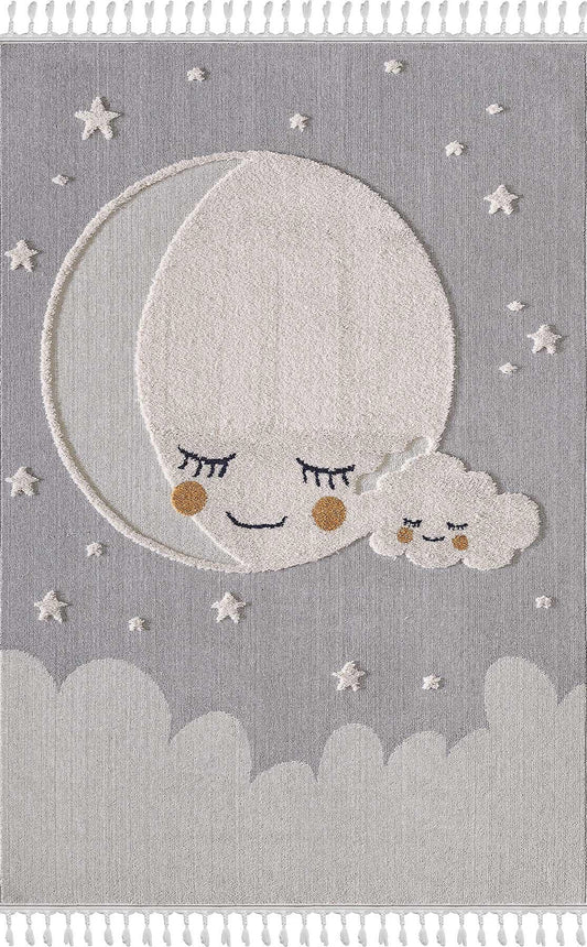 Celestial Moon Stars Nursery Rug | Boho Gray Cloud Playroom Area Carpet