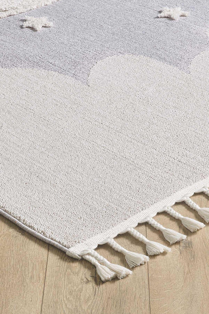 Celestial Moon Stars Nursery Rug | Boho Gray Cloud Playroom Area Carpet